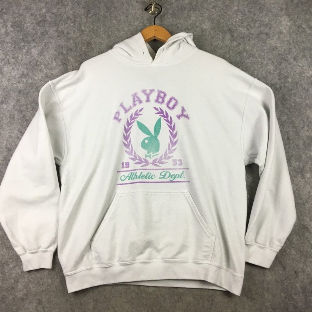 Playboy Hoodie L Graphic Print White Pullover Sweatshirt Bunny Logo Retro Pocket